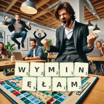 Kreatywna ilustracja do gry w Scrabble ze słowem WYMINĘŁAM ułożonym z płytek na planszy.