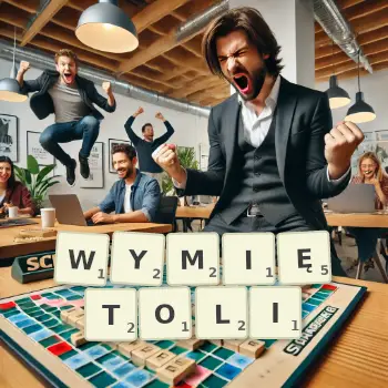Kreatywna ilustracja do gry w Scrabble ze słowem WYMIĘTOLI ułożonym z płytek na planszy.