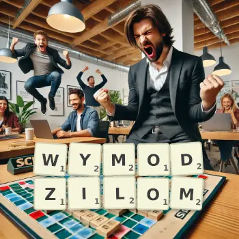 Kreatywna ilustracja do gry w Scrabble ze słowem WYMODZILOM ułożonym z płytek na planszy.
