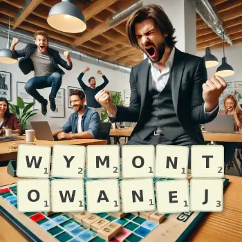 Kreatywna ilustracja do gry w Scrabble ze słowem WYMONTOWANEJ ułożonym z płytek na planszy.