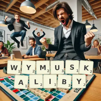 Kreatywna ilustracja do gry w Scrabble ze słowem WYMUSKALIBY ułożonym z płytek na planszy.