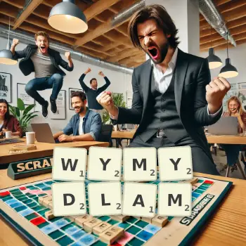 Kreatywna ilustracja do gry w Scrabble ze słowem WYMYDLAM ułożonym z płytek na planszy.