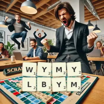 Kreatywna ilustracja do gry w Scrabble ze słowem WYMYLBYM ułożonym z płytek na planszy.