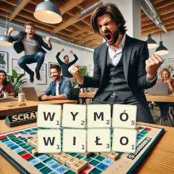 Kreatywna ilustracja do gry w Scrabble ze słowem WYMÓWIŁO ułożonym z płytek na planszy.