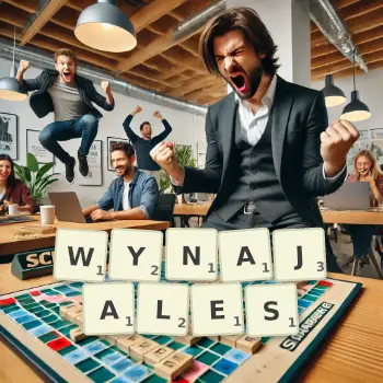 Kreatywna ilustracja do gry w Scrabble ze słowem WYNAJALES ułożonym z płytek na planszy.