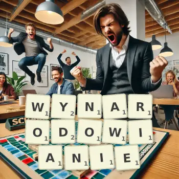 Kreatywna ilustracja do gry w Scrabble ze słowem WYNARODOWIANIE ułożonym z płytek na planszy.