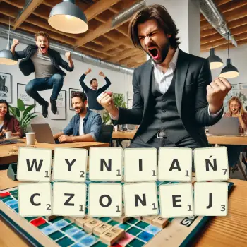 Kreatywna ilustracja do gry w Scrabble ze słowem WYNIAŃCZONEJ ułożonym z płytek na planszy.