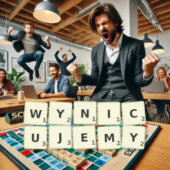 Kreatywna ilustracja do gry w Scrabble ze słowem WYNICUJEMY ułożonym z płytek na planszy.