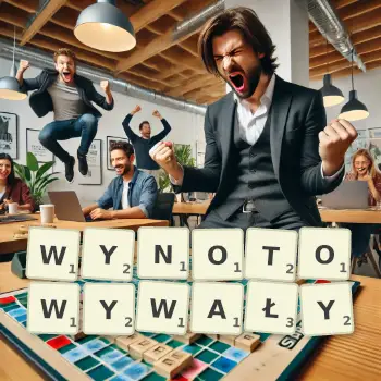 Kreatywna ilustracja do gry w Scrabble ze słowem WYNOTOWYWAŁY ułożonym z płytek na planszy.