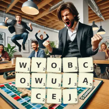 Kreatywna ilustracja do gry w Scrabble ze słowem WYOBCOWUJĄCEJ ułożonym z płytek na planszy.