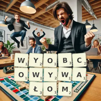 Kreatywna ilustracja do gry w Scrabble ze słowem WYOBCOWYWAŁOM ułożonym z płytek na planszy.