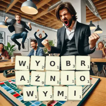 Kreatywna ilustracja do gry w Scrabble ze słowem WYOBRAŹNIOWYMI ułożonym z płytek na planszy.