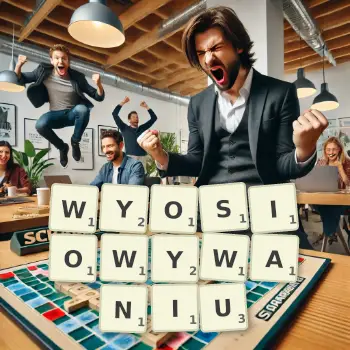Kreatywna ilustracja do gry w Scrabble ze słowem WYOSIOWYWANIU ułożonym z płytek na planszy.