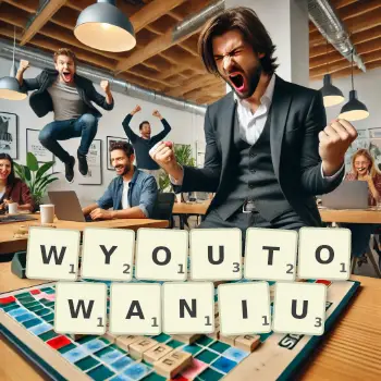 Kreatywna ilustracja do gry w Scrabble ze słowem WYOUTOWANIU ułożonym z płytek na planszy.
