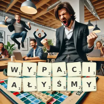 Kreatywna ilustracja do gry w Scrabble ze słowem WYPACIAŁYŚMY ułożonym z płytek na planszy.