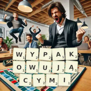 Kreatywna ilustracja do gry w Scrabble ze słowem WYPAKOWUJĄCYMI ułożonym z płytek na planszy.
