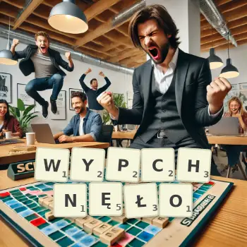 Kreatywna ilustracja do gry w Scrabble ze słowem WYPCHNĘŁO ułożonym z płytek na planszy.