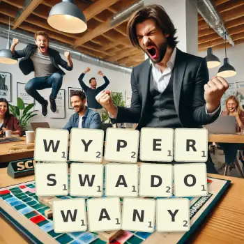 Kreatywna ilustracja do gry w Scrabble ze słowem WYPERSWADOWANY ułożonym z płytek na planszy.