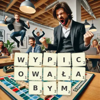 Kreatywna ilustracja do gry w Scrabble ze słowem WYPICOWAŁABYM ułożonym z płytek na planszy.
