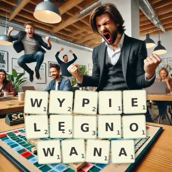 Kreatywna ilustracja do gry w Scrabble ze słowem WYPIELĘGNOWANA ułożonym z płytek na planszy.