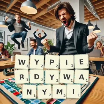 Kreatywna ilustracja do gry w Scrabble ze słowem WYPIERDYWANYMI ułożonym z płytek na planszy.