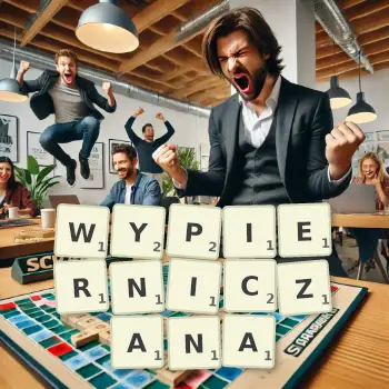 Kreatywna ilustracja do gry w Scrabble ze słowem WYPIERNICZANA ułożonym z płytek na planszy.