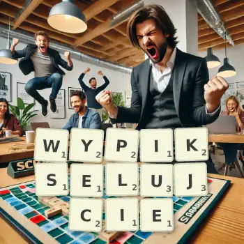Kreatywna ilustracja do gry w Scrabble ze słowem WYPIKSELUJCIE ułożonym z płytek na planszy.