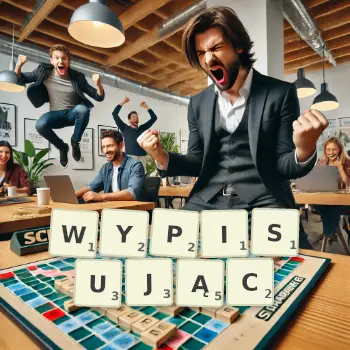 Kreatywna ilustracja do gry w Scrabble ze słowem WYPISUJĄC ułożonym z płytek na planszy.