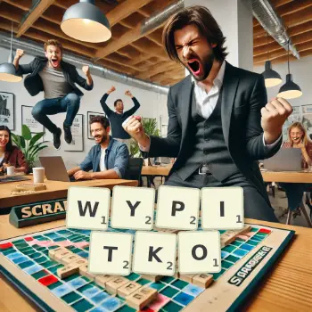 Kreatywna ilustracja do gry w Scrabble ze słowem WYPITKO ułożonym z płytek na planszy.