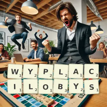 Kreatywna ilustracja do gry w Scrabble ze słowem WYPLACILOBYS ułożonym z płytek na planszy.