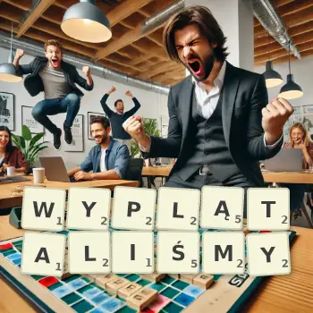 Kreatywna ilustracja do gry w Scrabble ze słowem WYPLĄTALIŚMY ułożonym z płytek na planszy.