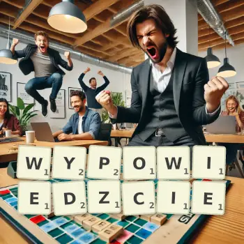Kreatywna ilustracja do gry w Scrabble ze słowem WYPOWIEDZCIE ułożonym z płytek na planszy.