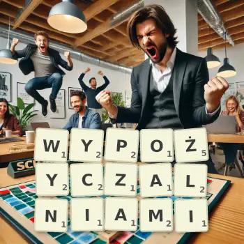 Kreatywna ilustracja do gry w Scrabble ze słowem WYPOŻYCZALNIAMI ułożonym z płytek na planszy.