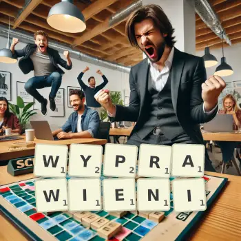 Kreatywna ilustracja do gry w Scrabble ze słowem WYPRAWIENI ułożonym z płytek na planszy.
