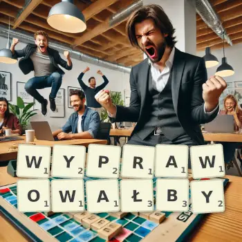 Kreatywna ilustracja do gry w Scrabble ze słowem WYPRAWOWAŁBY ułożonym z płytek na planszy.