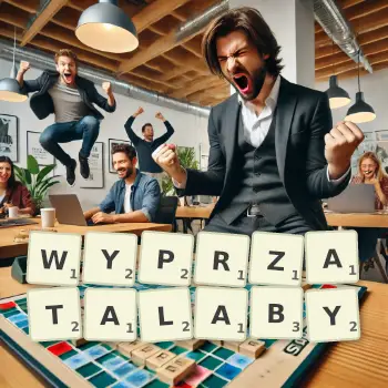 Kreatywna ilustracja do gry w Scrabble ze słowem WYPRZATALABY ułożonym z płytek na planszy.