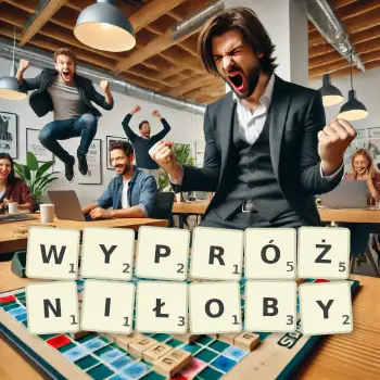 Kreatywna ilustracja do gry w Scrabble ze słowem WYPRÓŻNIŁOBY ułożonym z płytek na planszy.