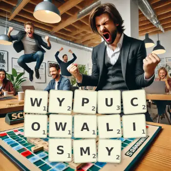 Kreatywna ilustracja do gry w Scrabble ze słowem WYPUCOWALISMY ułożonym z płytek na planszy.