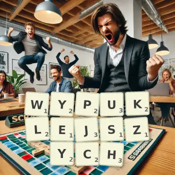 Kreatywna ilustracja do gry w Scrabble ze słowem WYPUKLEJSZYCH ułożonym z płytek na planszy.