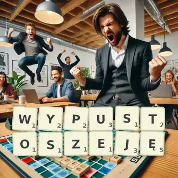 Kreatywna ilustracja do gry w Scrabble ze słowem WYPUSTOSZEJĘ ułożonym z płytek na planszy.