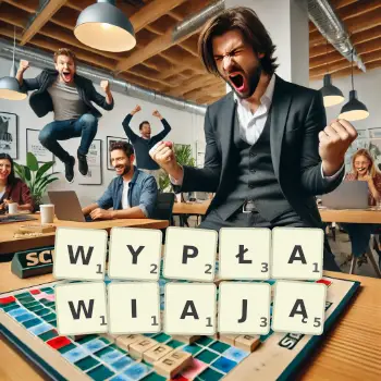 Kreatywna ilustracja do gry w Scrabble ze słowem WYPŁAWIAJĄ ułożonym z płytek na planszy.