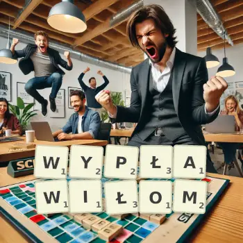 Kreatywna ilustracja do gry w Scrabble ze słowem WYPŁAWIŁOM ułożonym z płytek na planszy.