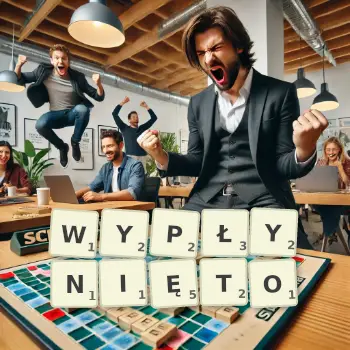 Kreatywna ilustracja do gry w Scrabble ze słowem WYPŁYNIĘTO ułożonym z płytek na planszy.