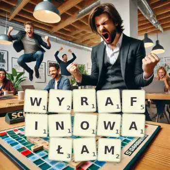 Kreatywna ilustracja do gry w Scrabble ze słowem WYRAFINOWAŁAM ułożonym z płytek na planszy.