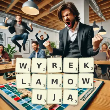 Kreatywna ilustracja do gry w Scrabble ze słowem WYREKLAMOWUJĄ ułożonym z płytek na planszy.
