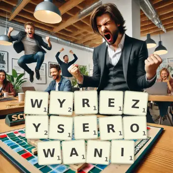 Kreatywna ilustracja do gry w Scrabble ze słowem WYREZYSEROWANI ułożonym z płytek na planszy.