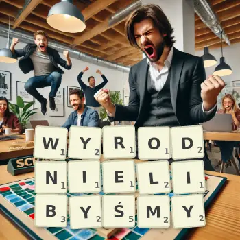 Kreatywna ilustracja do gry w Scrabble ze słowem WYRODNIELIBYŚMY ułożonym z płytek na planszy.