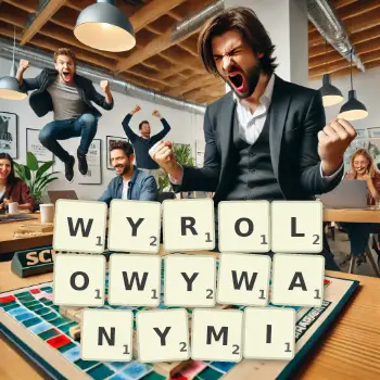 Kreatywna ilustracja do gry w Scrabble ze słowem WYROLOWYWANYMI ułożonym z płytek na planszy.