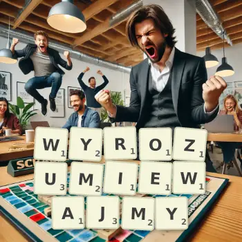 Kreatywna ilustracja do gry w Scrabble ze słowem WYROZUMIEWAJMY ułożonym z płytek na planszy.