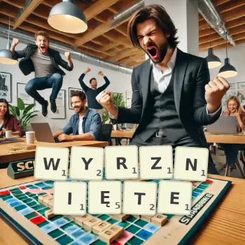 Kreatywna ilustracja do gry w Scrabble ze słowem WYRZNIĘTE ułożonym z płytek na planszy.